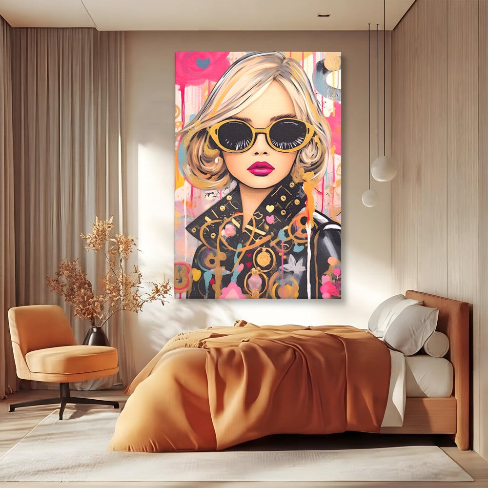 Tablou canvas cu tablou canvas cu portret de femeie, fara rama, pe sasiu de lemn, pe perete intr-un dormitor